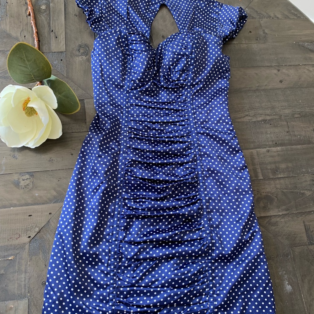 Blue and white polka dot dress